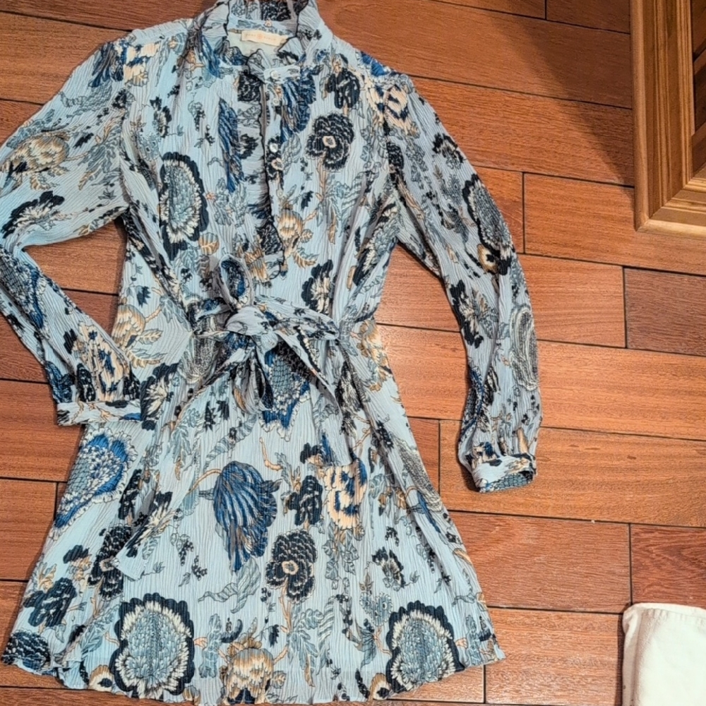 Tory Burch Blue and Cream Ruffled Blouse
